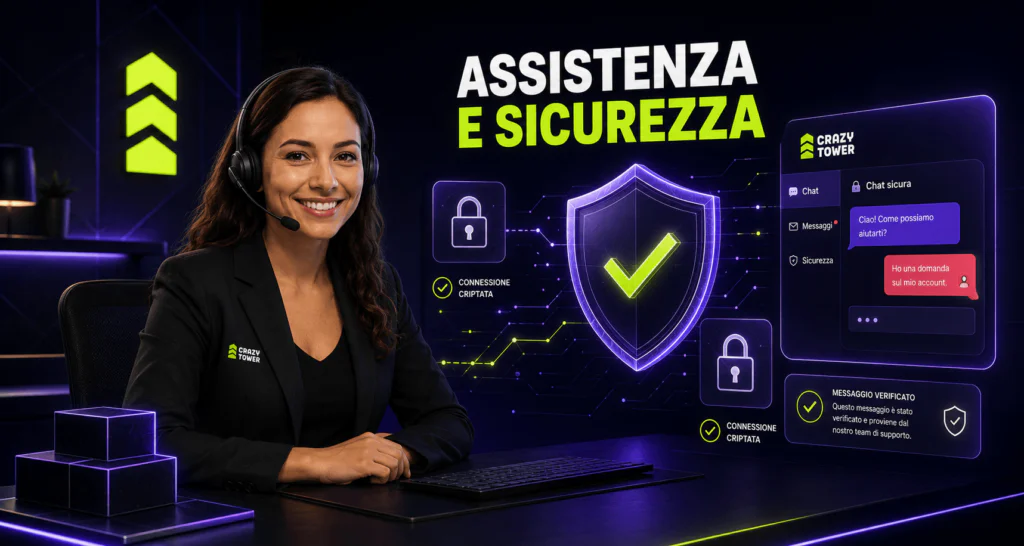 Assistenza clienti e sicurezza di Crazy Tower Casino con chat, connessione protetta e verifica dei messaggi.