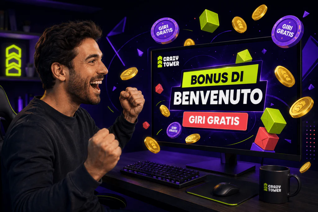 Bonus di benvenuto Crazy Tower con giri gratis, monete e giocatore davanti alla piattaforma casino.