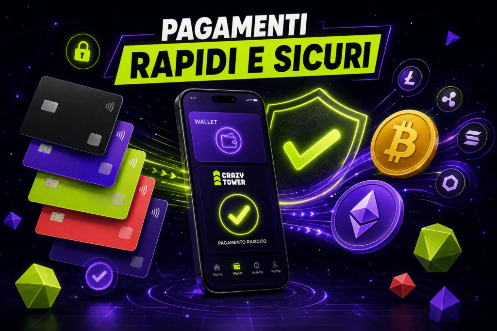 Metodi di pagamento rapidi e sicuri su Crazy Tower Casino con carte, wallet digitale e criptovalute.