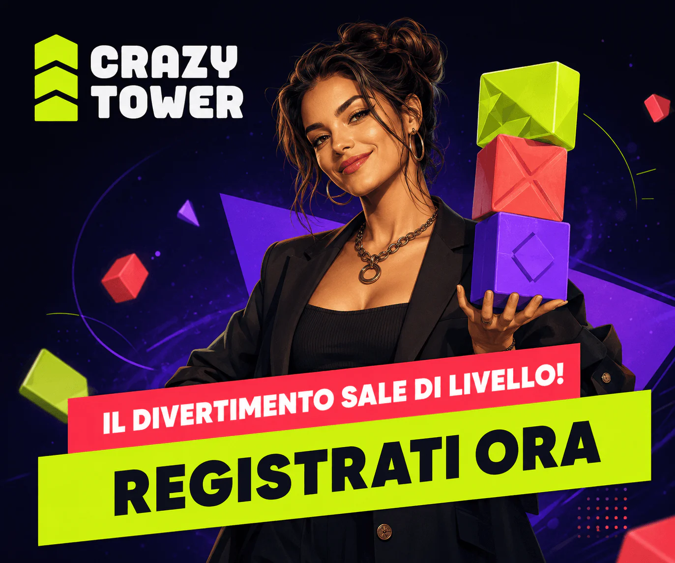 Banner di Crazy Tower Casino Italia con invito alla registrazione e design moderno ispirato alla torre.