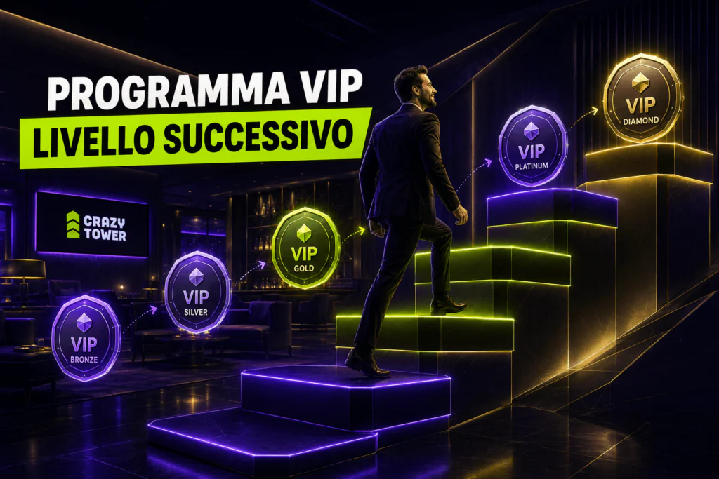 Programma VIP di Crazy Tower Casino con livelli Bronze, Silver, Gold, Platinum e Diamond.